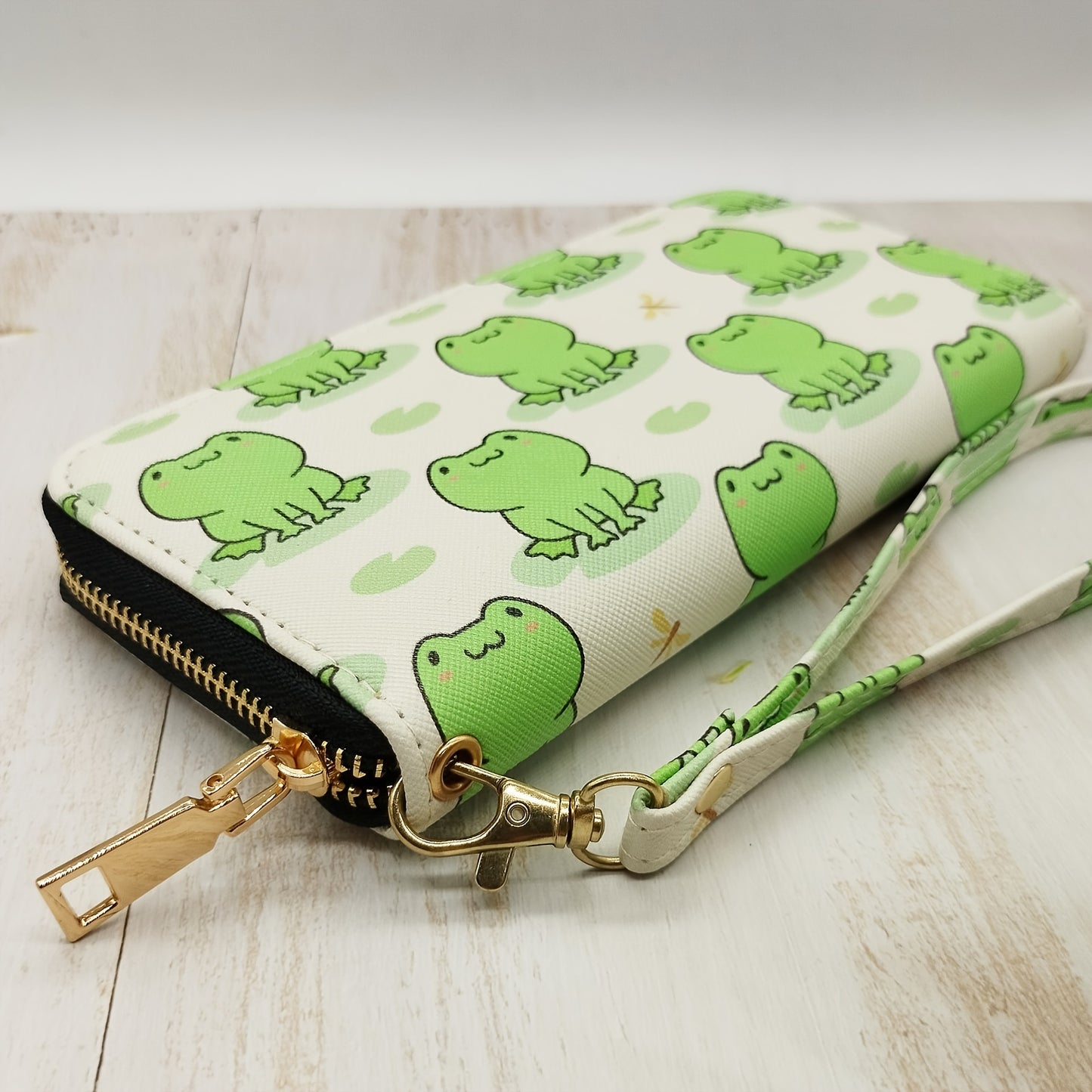 Cute Frog Pattern Wallet - Zip-Around Clutch with Wristlet Strap