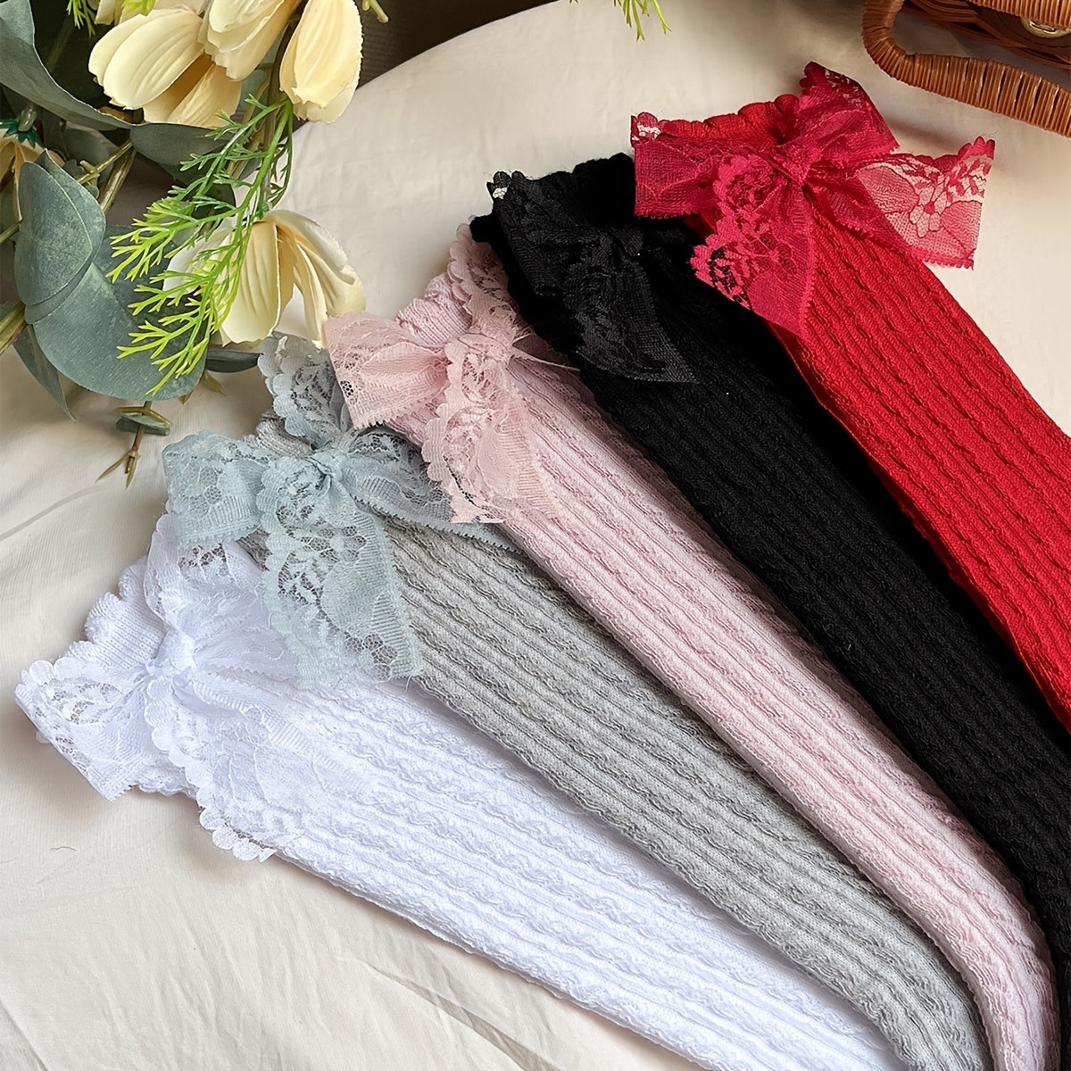 "5 Pairs of Girl's Solid Bow Striped Knee High Knitted Socks for Children - Breathable Comfy Long Stockings for Daily Trendy Wear