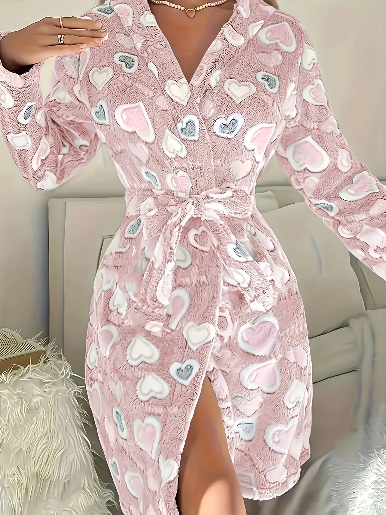 Cozy Fleece-Lined Women's Robe with Heart Pattern, Long Sleeves, and Pockets - Warm Autumn/Winter Home Loungewear, Light Grey, Cozy Robe