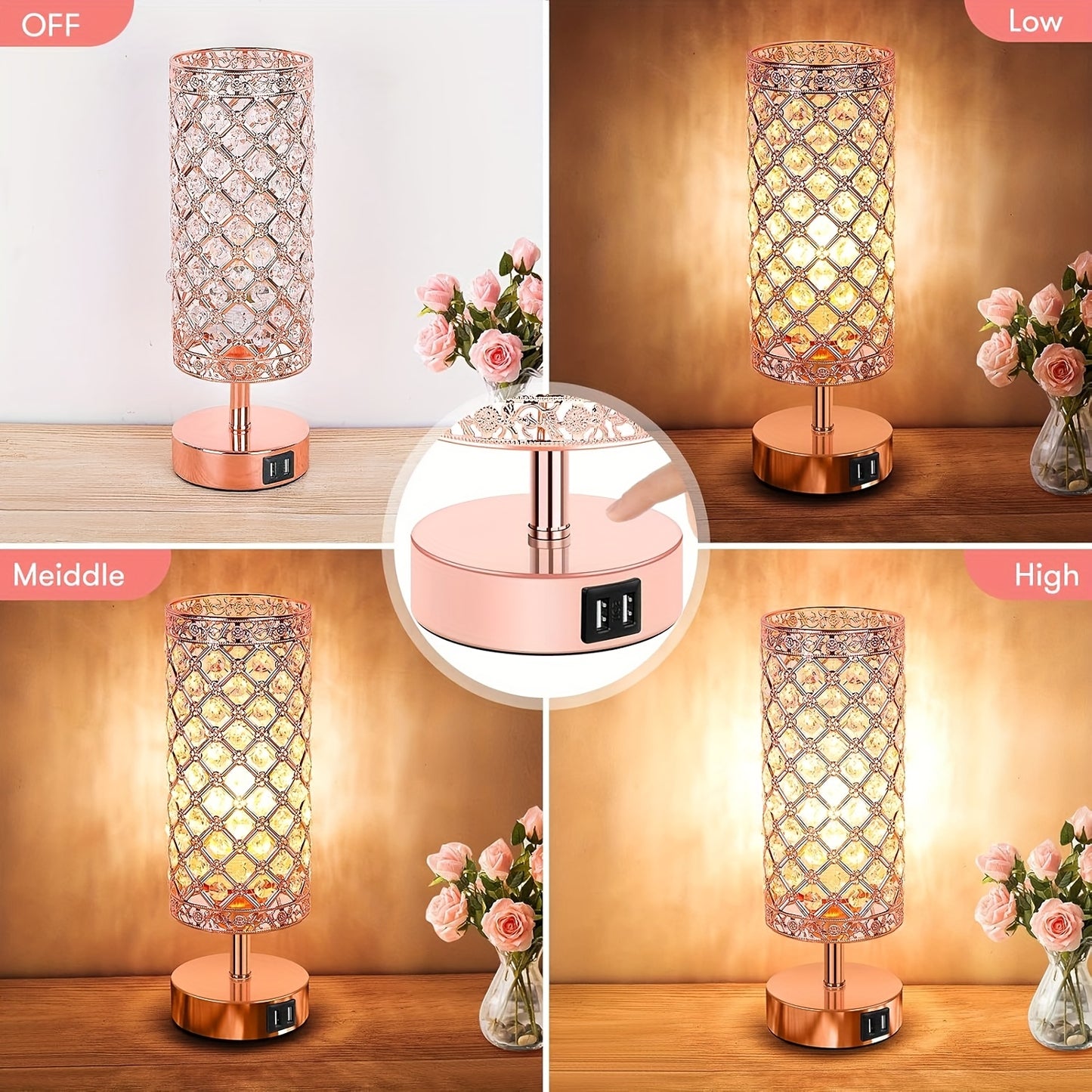 Kawaii Cute Crystal Table Lamps 2-Pack with USB Ports, 3-Way Dimmable
