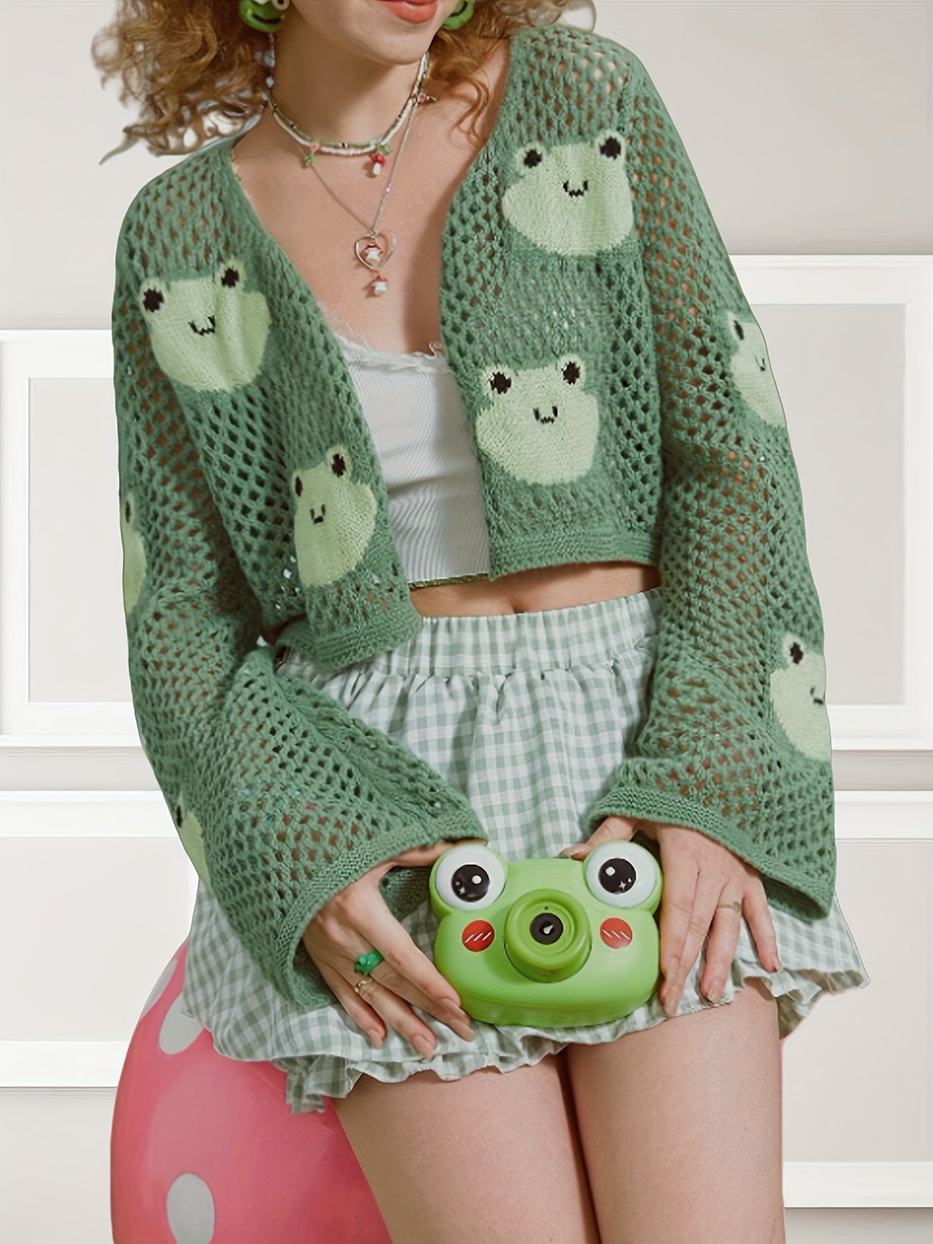 Elegant Semi-Sheer Cardigan - Kawaii Cute Core Frog Pattern