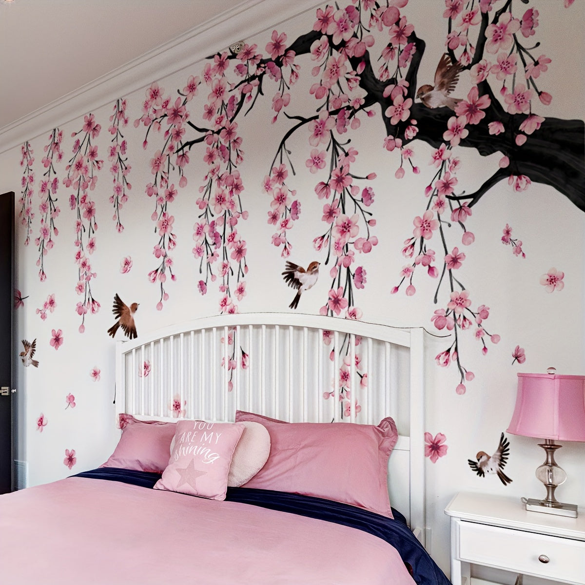 A Set of 4 Creative Pink Peach Blossom Tree Cute Wallpaper Stickers