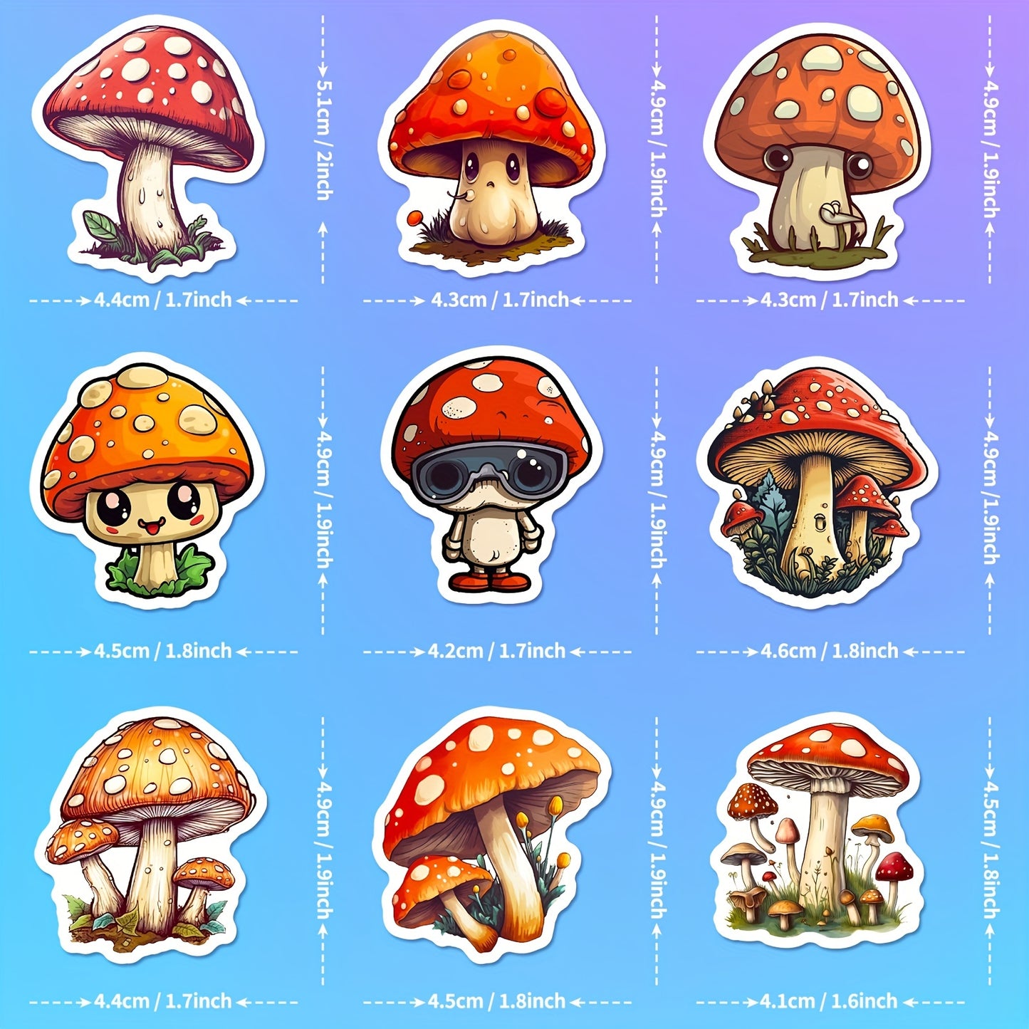 50pcs Whimsy Woods Mushroom Stickers - Reusable Cartoon Decals - Self-Adhesive