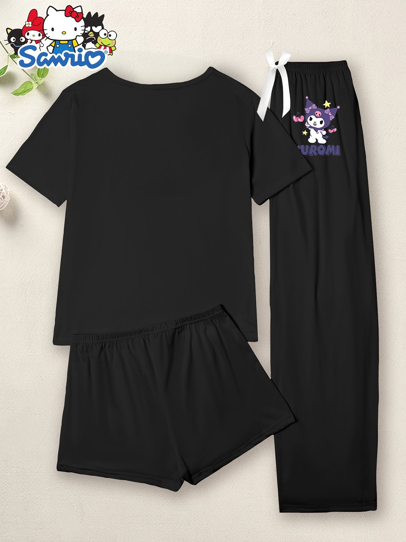 Kawaii Sanrio 3-Piece Kuromi Pajama Set for Women