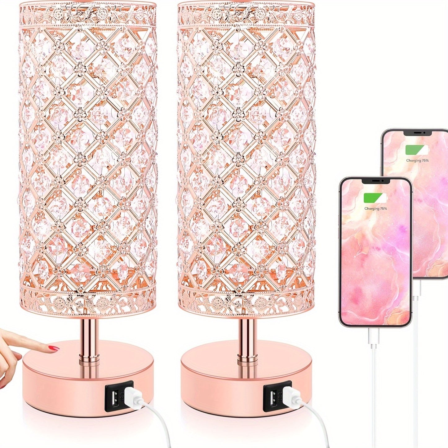 Kawaii Cute Crystal Table Lamps 2-Pack with USB Ports, 3-Way Dimmable
