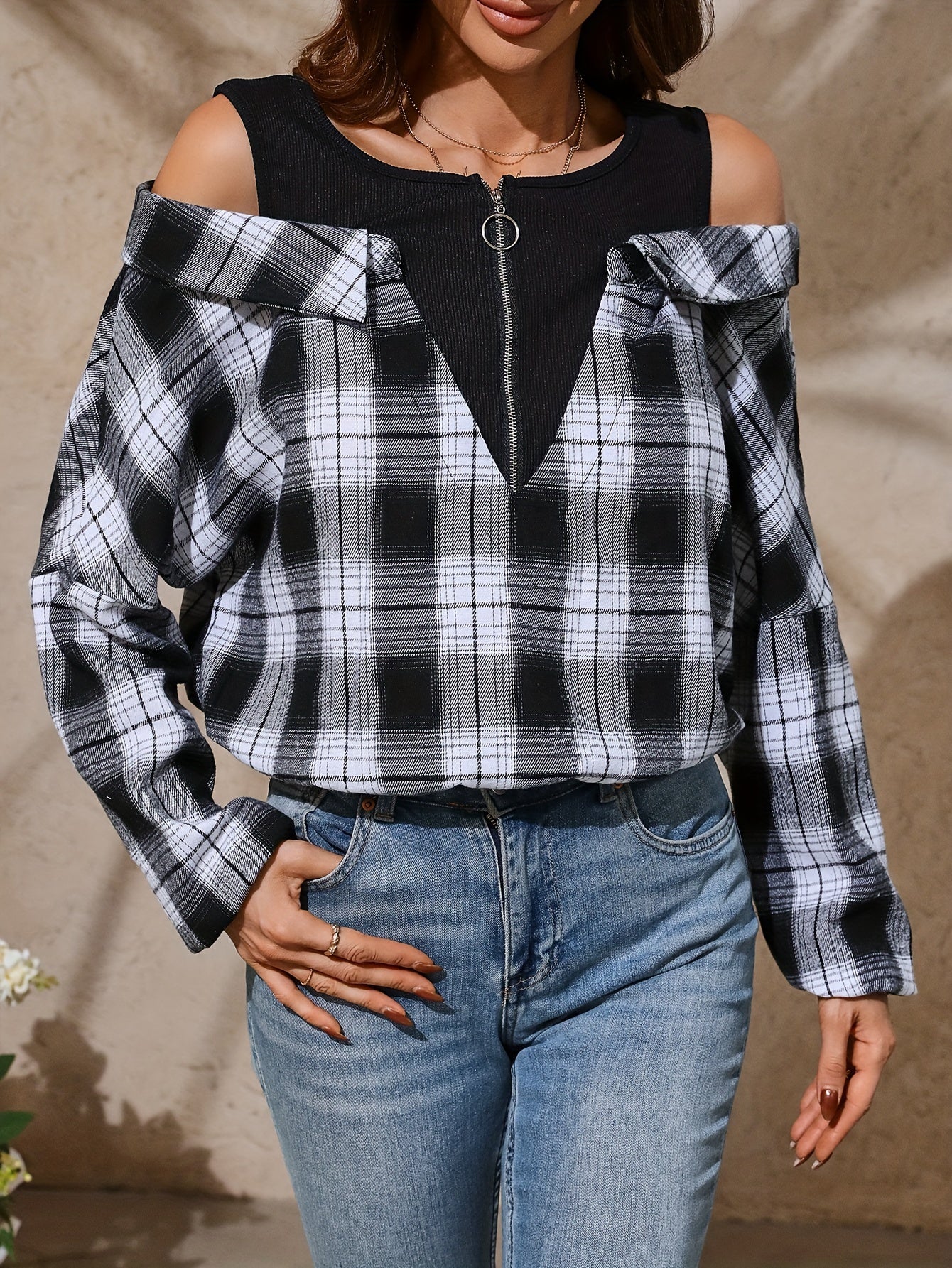 Chic Off-Shoulder Plaid Blouse