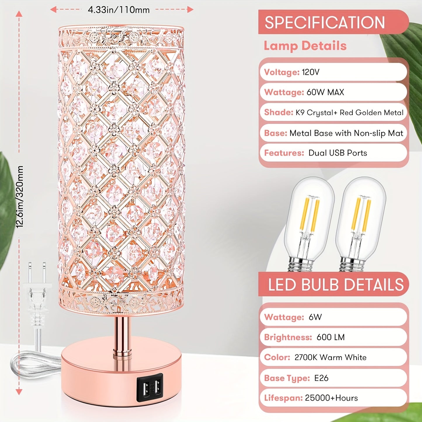 Kawaii Cute Crystal Table Lamps 2-Pack with USB Ports, 3-Way Dimmable