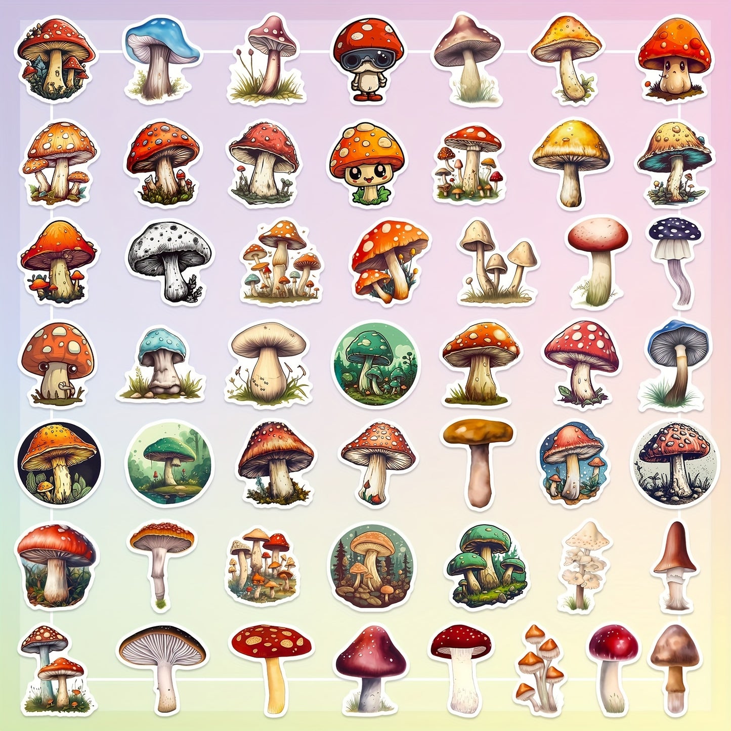 50pcs Whimsy Woods Mushroom Stickers - Reusable Cartoon Decals - Self-Adhesive