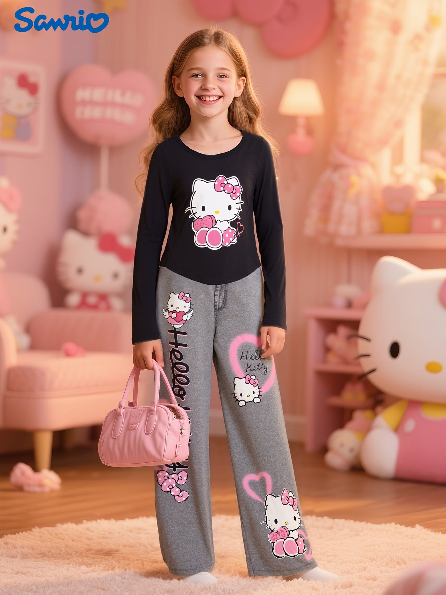 Hello Kitty Street Style Set! - Heart Bow Print Tee & Denim Straight Pants (Two-Piece)