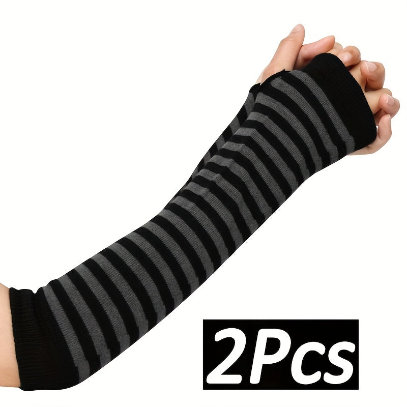 Dark Coquette Striped Knitted Gloves - Mid-Length, Fingerless