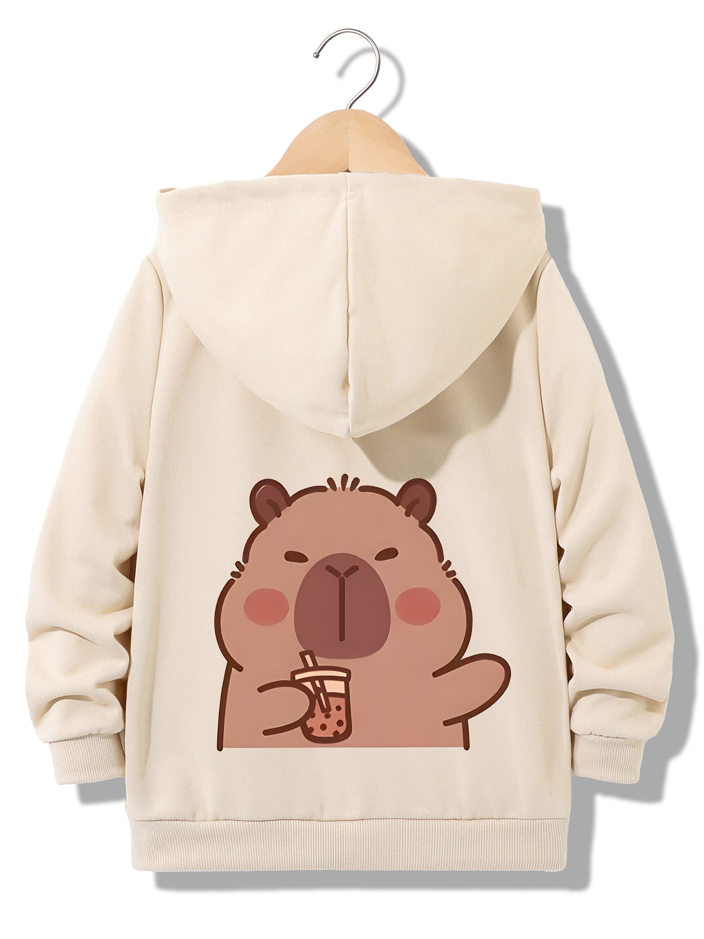 Capybara Hoodie Jacket, Trendy Milk Tea Design, Zip-Up