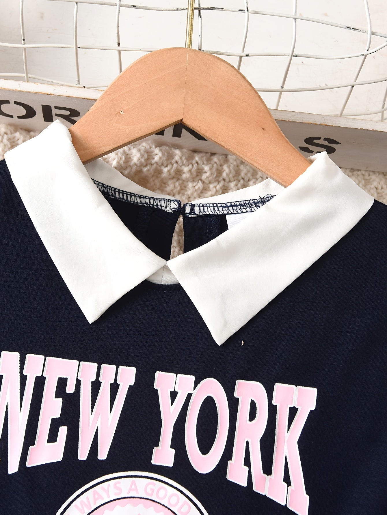 Girl's Letter Print Faux Two-Piece Shirt Collar Long Sleeve Sweatshirt + Skirt, 2pcs Outfit