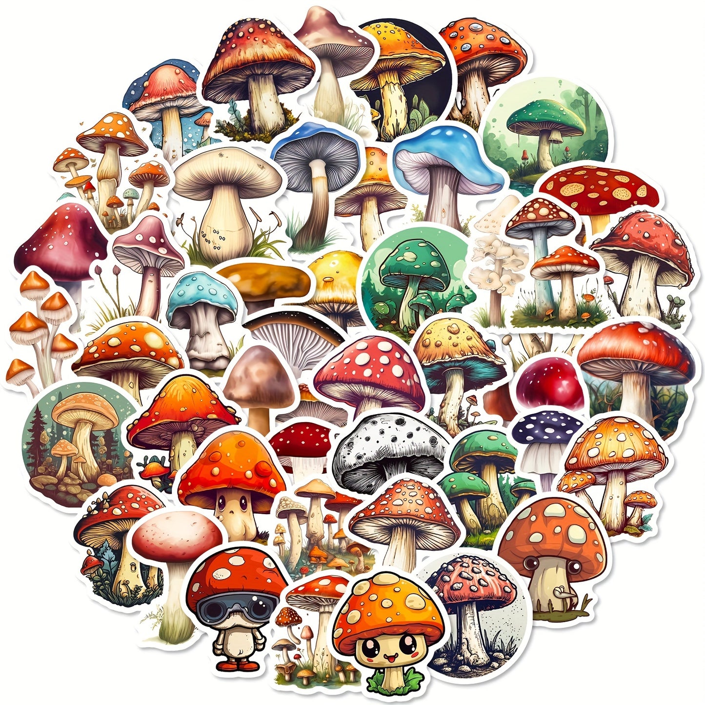 50pcs Whimsy Woods Mushroom Stickers - Reusable Cartoon Decals - Self-Adhesive