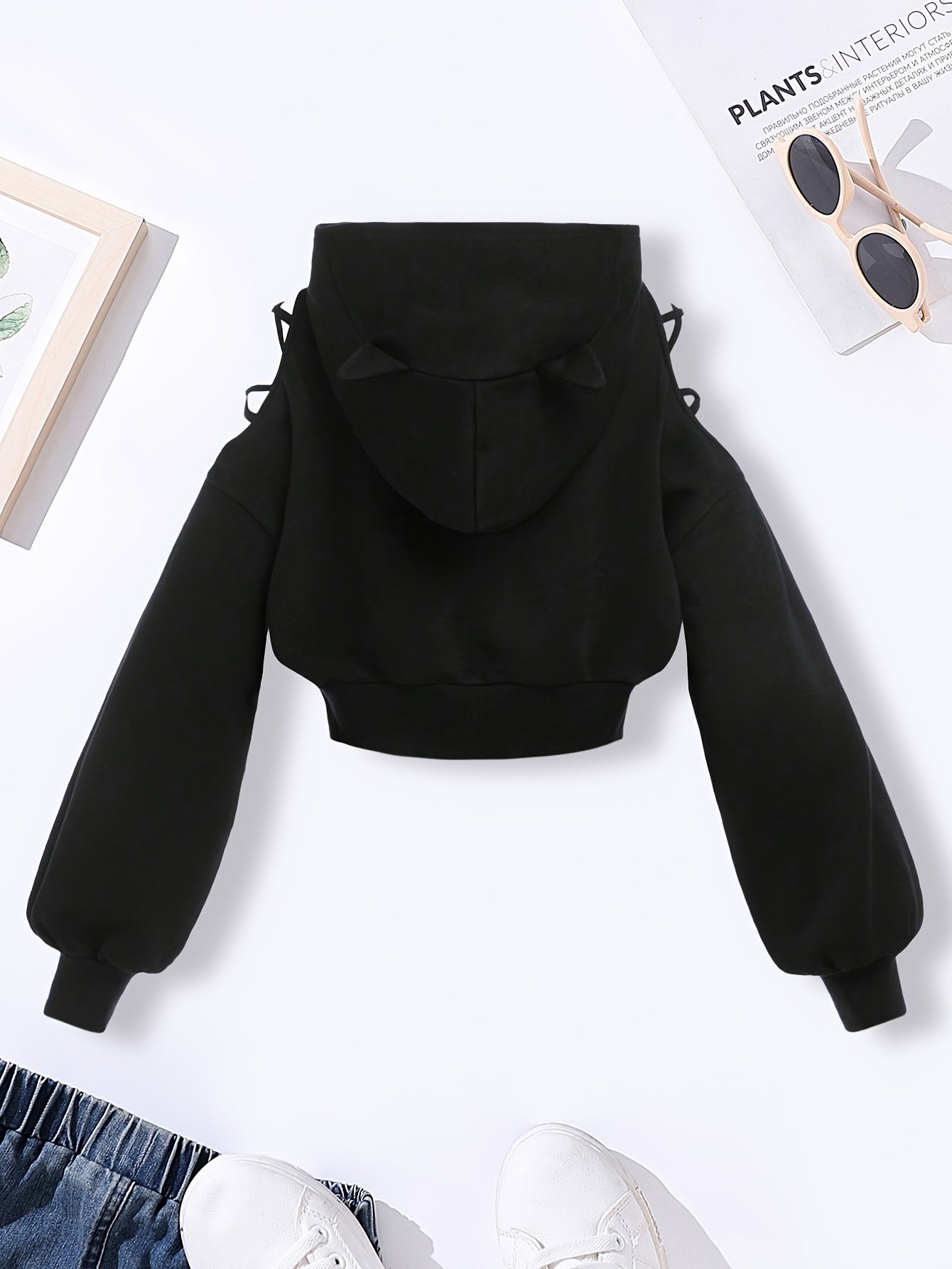Black Cat Ear Hoodie - Casual Long Sleeve Pullover with Ruffled Details
