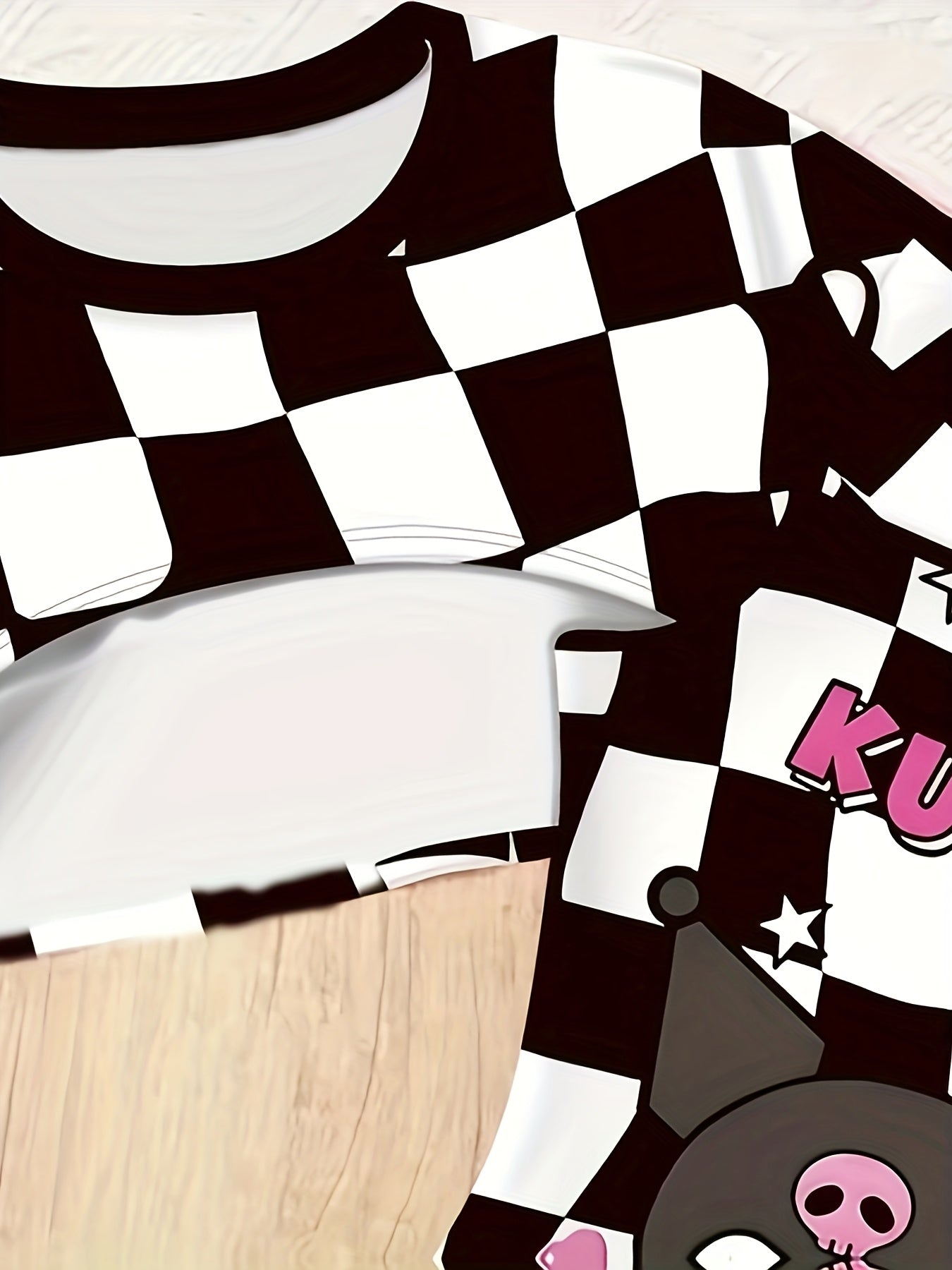 Girls' Cute Casual Sanrio Kuromi Cat Girl Two-Piece Set – Round Neck Curved Top & Suspender Hip Skirt