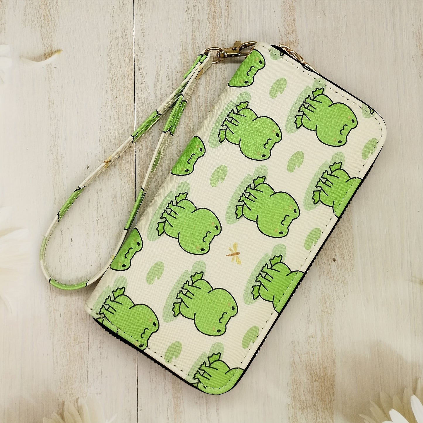 Cute Frog Pattern Wallet - Zip-Around Clutch with Wristlet Strap
