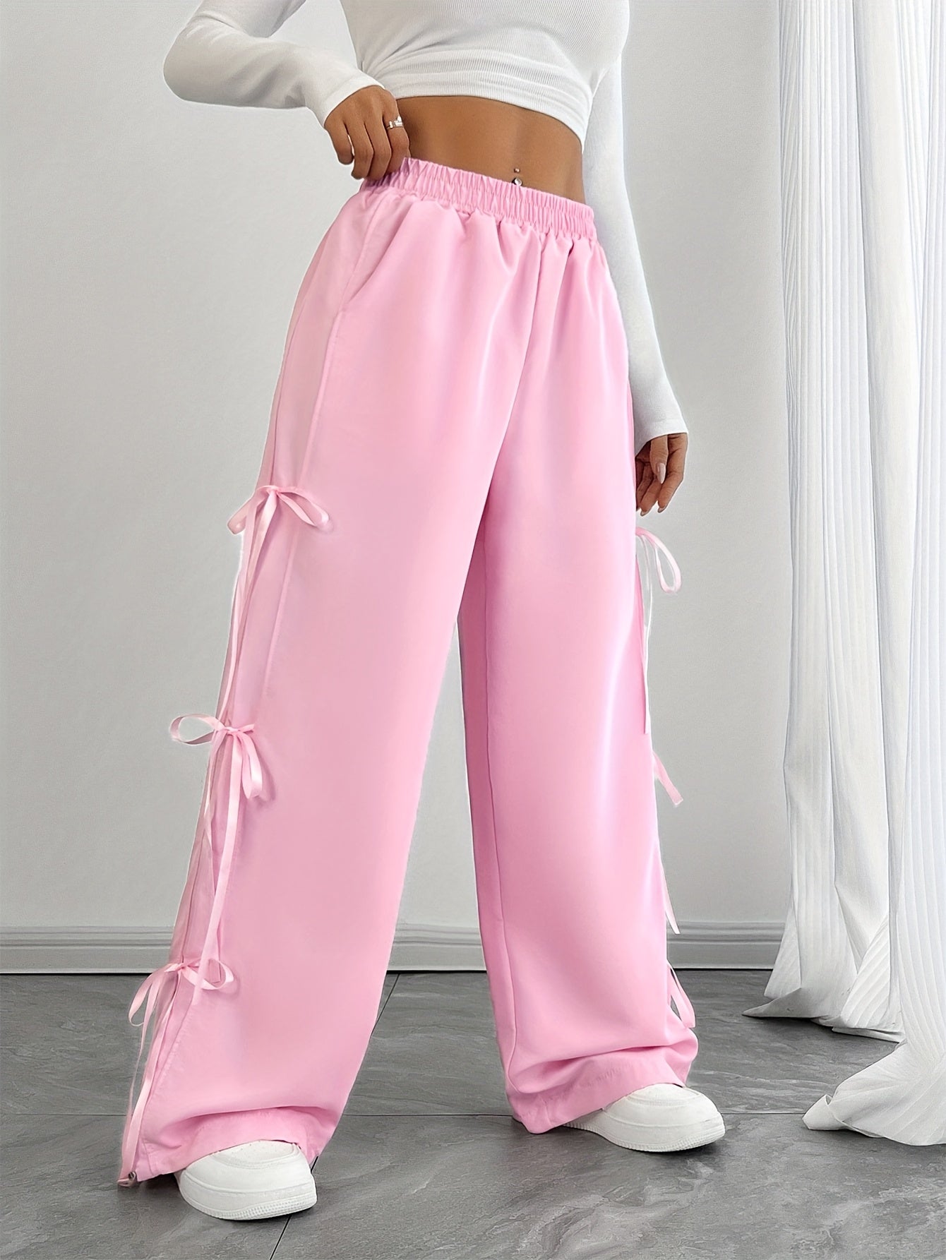 Cutecore Pink Wide Leg Pants - Comfortable Casual Loose Fit with Side Bow Detail