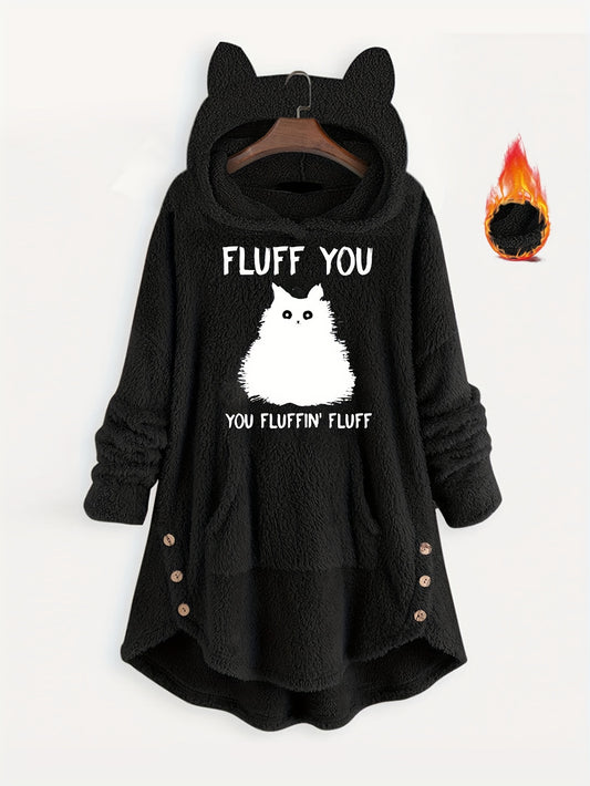 Plus Size, Cat Hoodie with Ears  Lined Thickened Hooded Hand- Sweatshirt