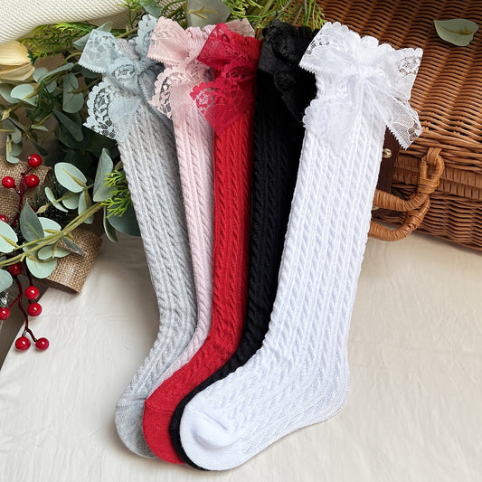 "5 Pairs of Girl's Solid Bow Striped Knee High Knitted Socks for Children - Breathable Comfy Long Stockings for Daily Trendy Wear