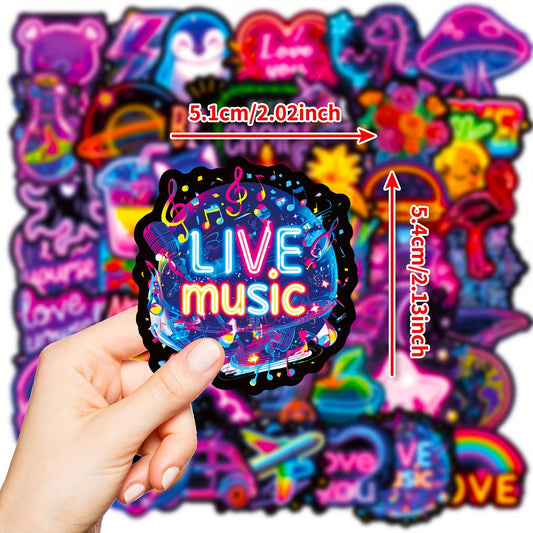50pcs Vibrant Neon Stickers - Colorful Animal, Fruit & Fun Designs, Glowing Decals