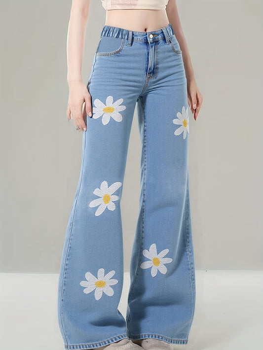 Trendy Kawaii Cute Core Daisy Embroidered Jeans For Girls - High Waist Loose Straight Leg
