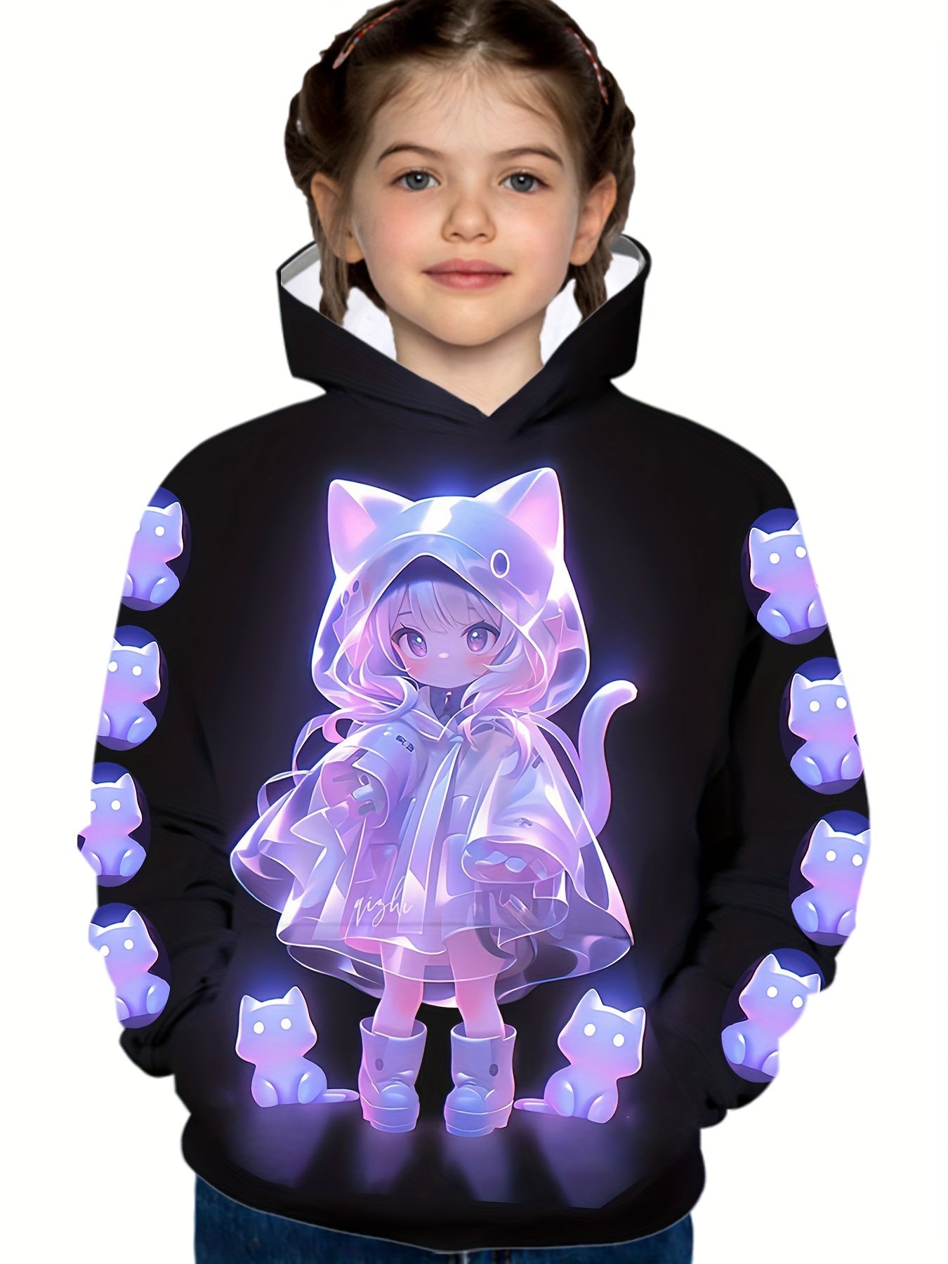 Cute Anime Girl and Cat 3D Printed Hoodie - Trendy Casual Sweatshirt