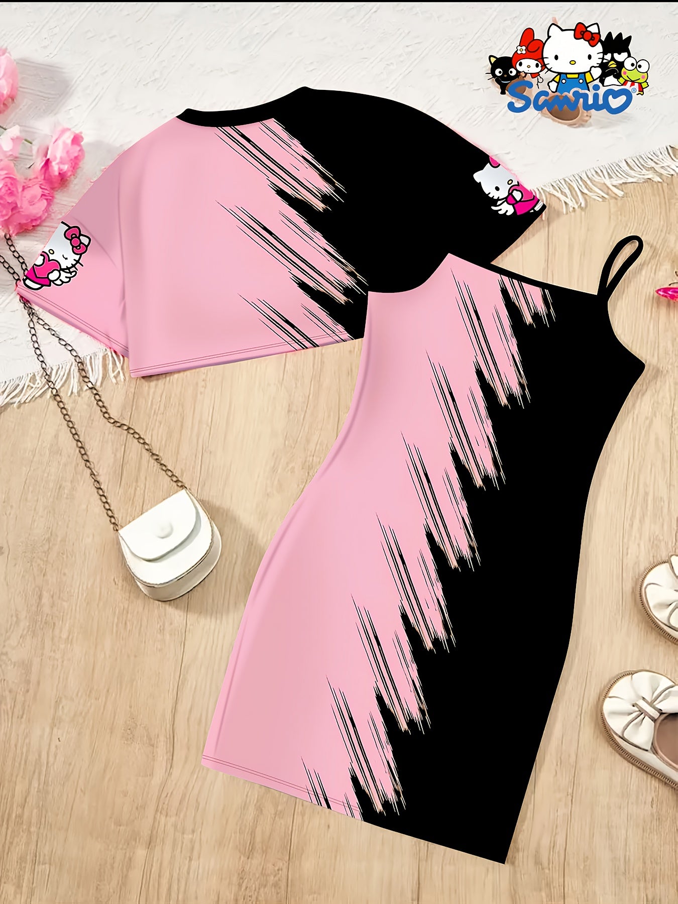 Girls' Cute Kawaii Sanrio Cat Girl Hello Kitty Print Round Neck Curved Top & Suspender Skirt Two-Piece Set – Perfect Outdoor Outfit for Girls