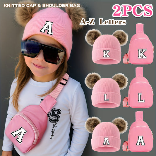2pcs Girls' Letter & Number (A-Z) Name Set - Matching Pom-Pom Hat & Crossbody Bag
