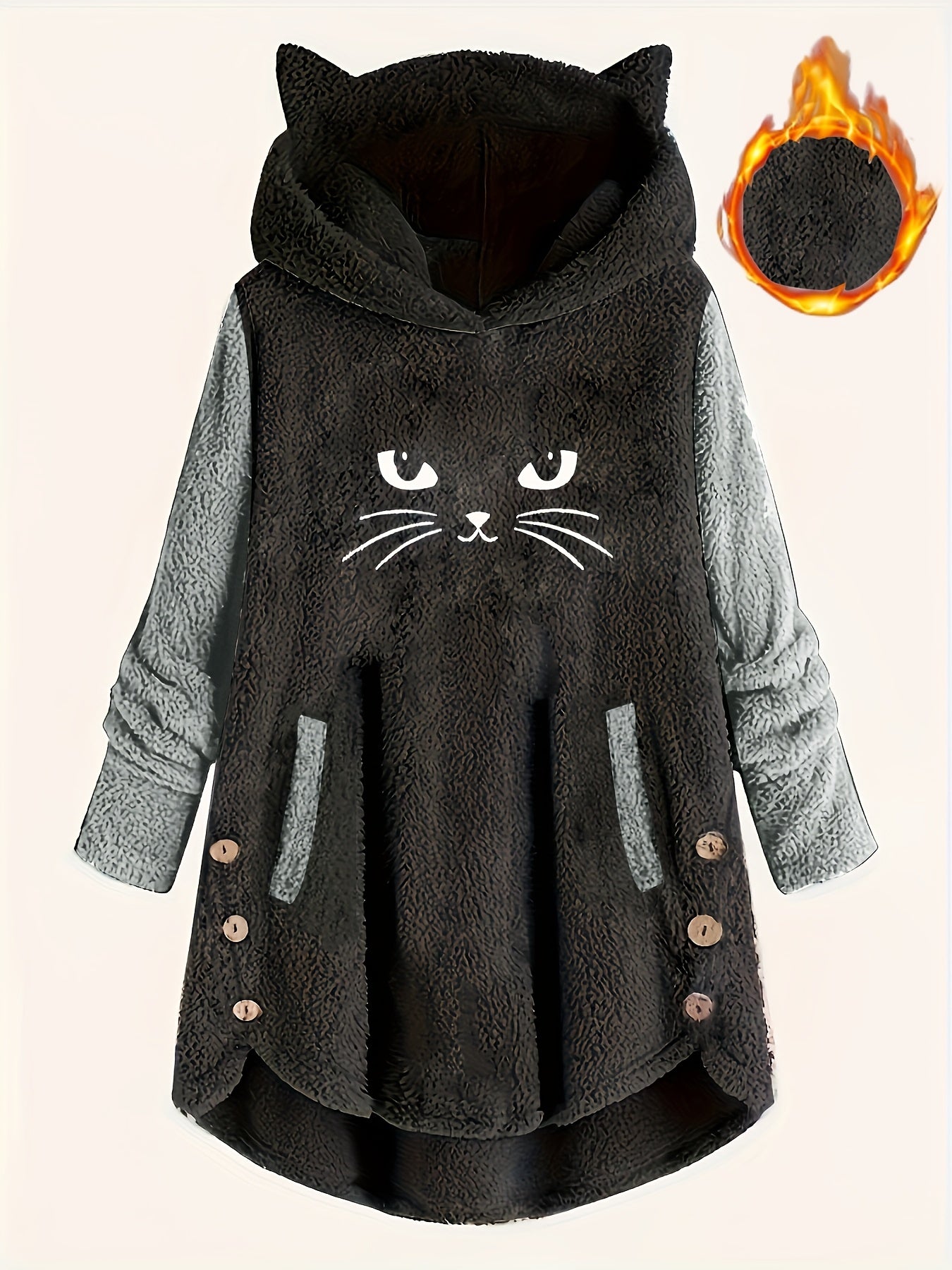 Cat Hoodie - Casual Faux Fur Color Block Pullover with Detail, Button Accents, and Side Pockets