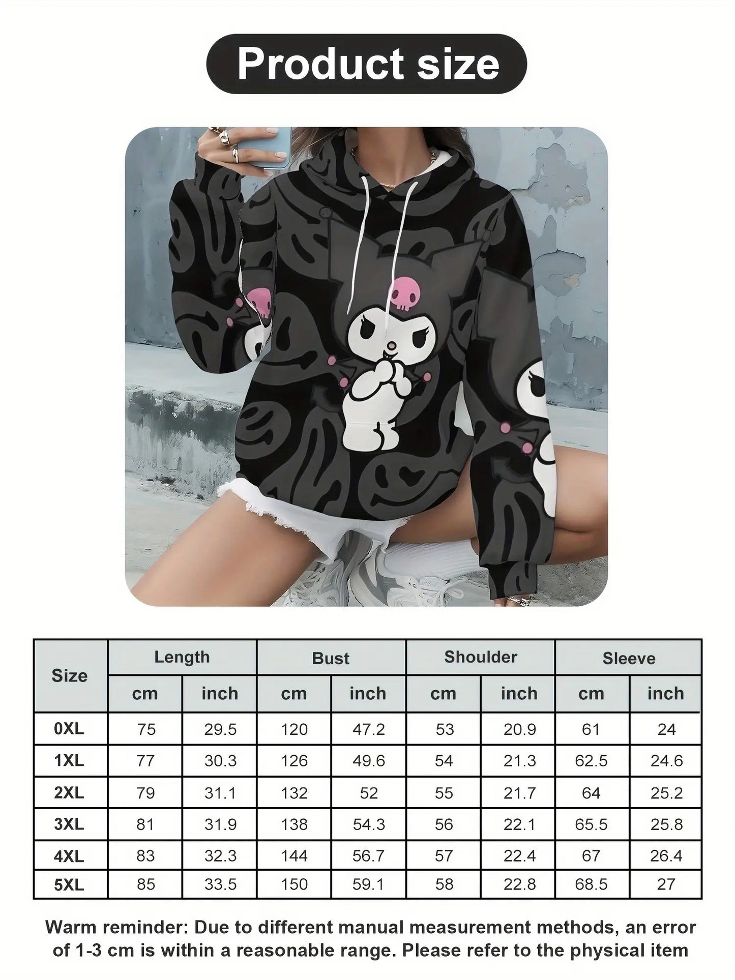 Sanrio Kawaii Kuromi Women's Plus Size Hoodie - Cute Kuromi Face & Iconic Pink Bow Print, Soft Warm Pullover Sweatshirt with Pockets