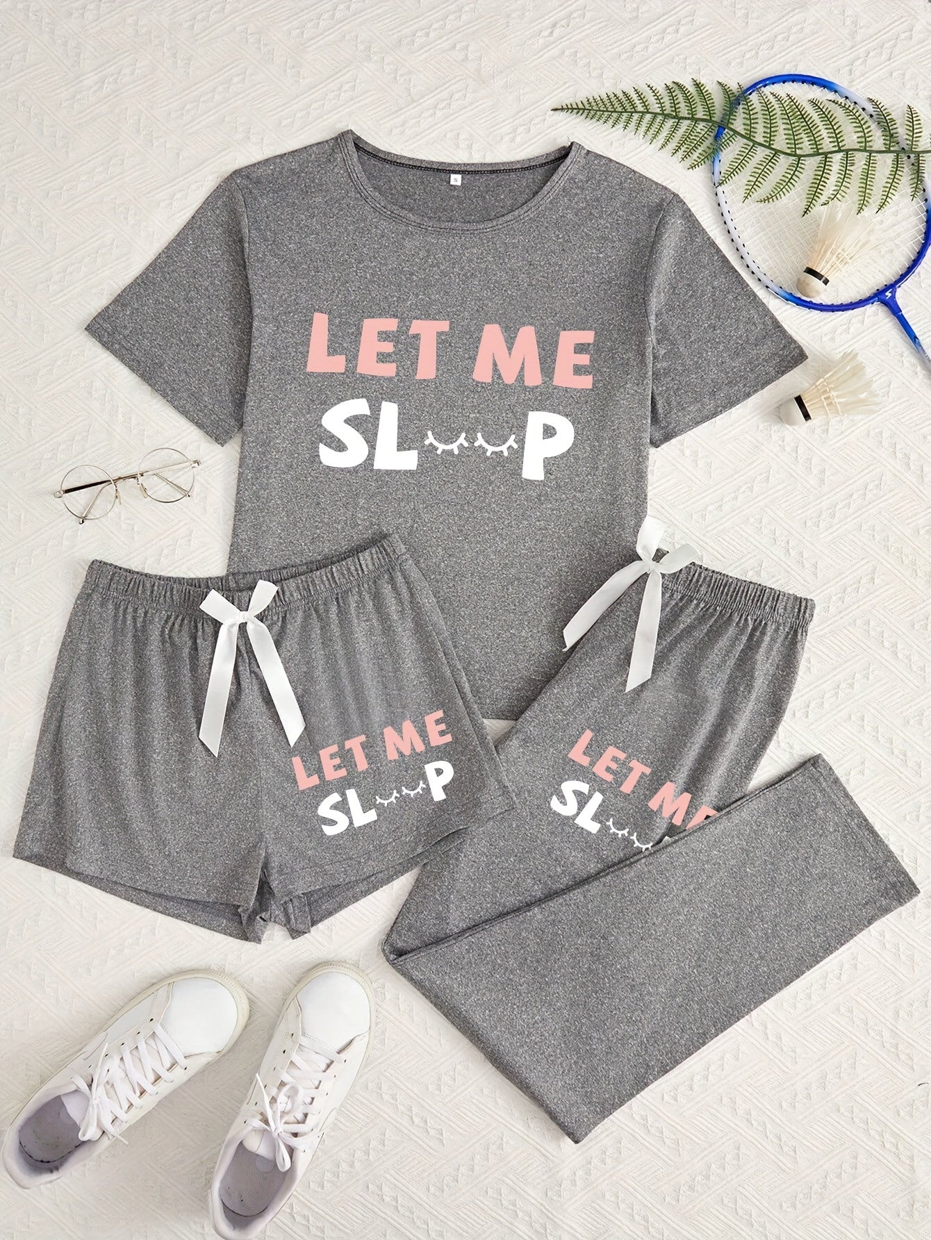3pcs Casual Pajama Set | Crew Neck with Bow Details, Suitable for All Seasons
