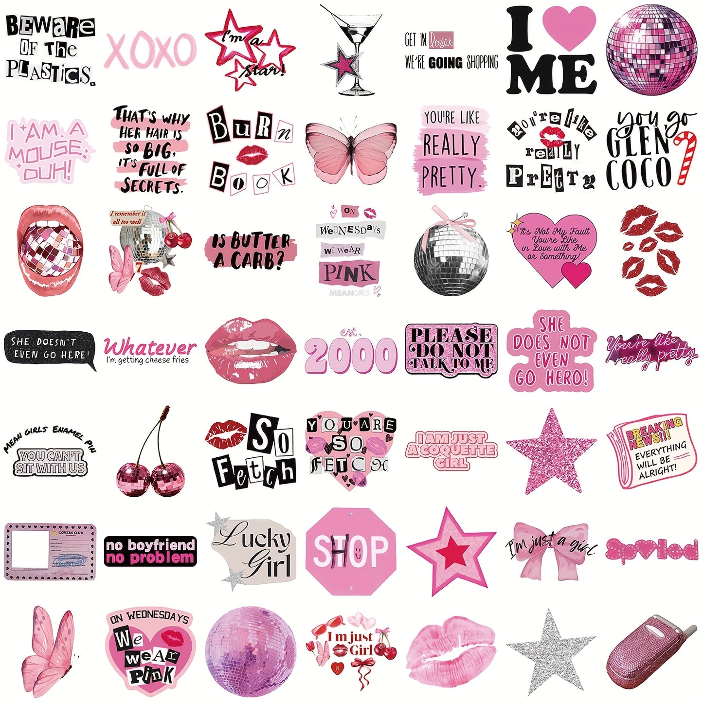 Pink Aesthetic Vinyl Stickers (50 Pcs) for Laptop, Water Bottle, Scrapbooking