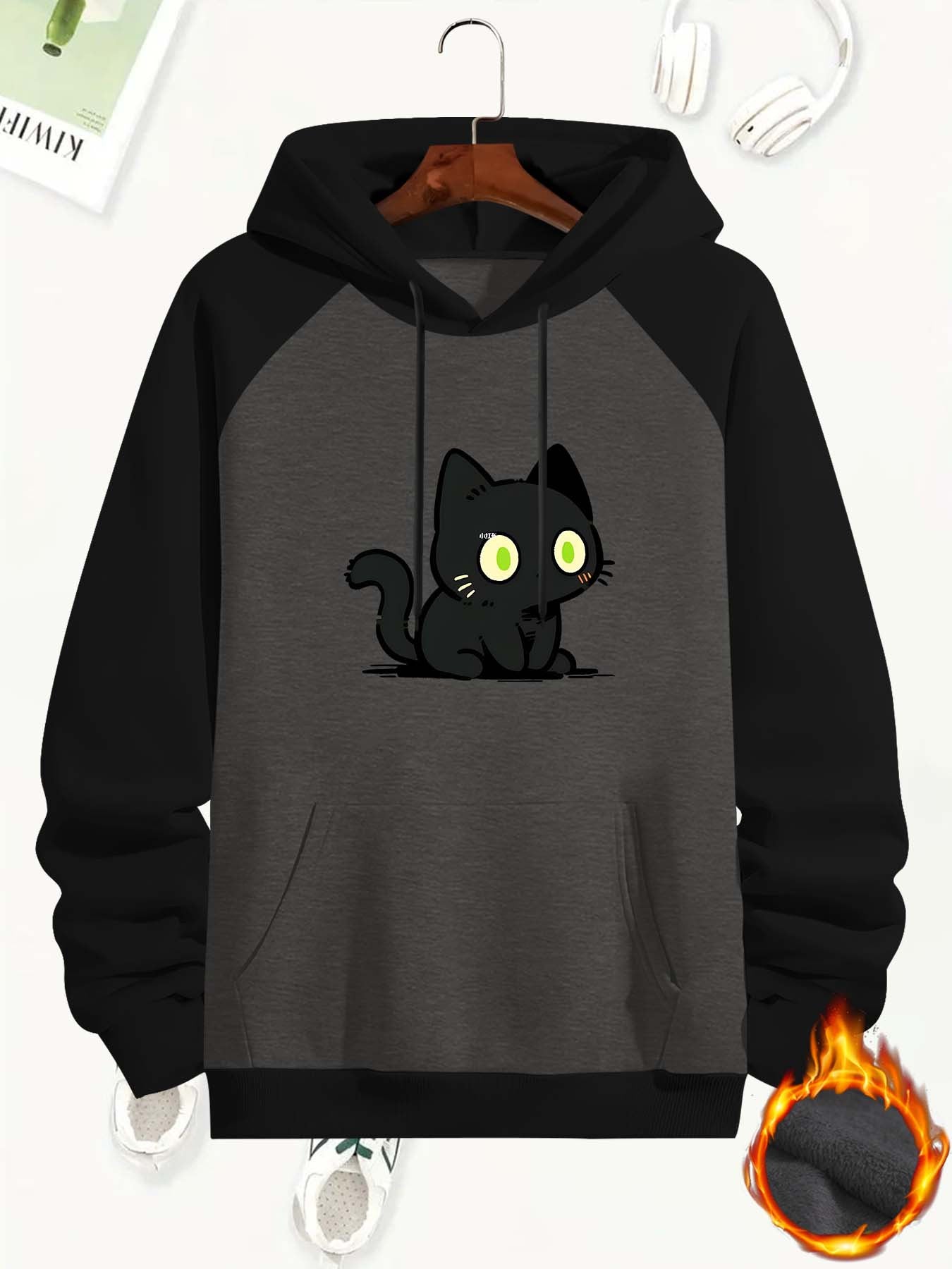 Kangaroo Pocket - Men's Cat Hoodie with Cute Black Cat Print - Cozy Fleece-Lined Pullover - Machine Washable