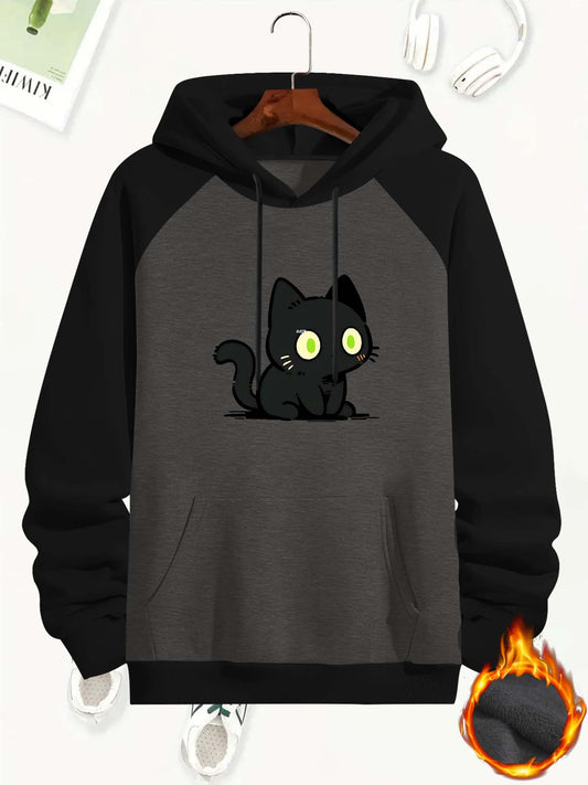 Kangaroo Pocket - Men's Cat Hoodie with Cute Black Cat Print - Cozy Fleece-Lined Pullover - Machine Washable