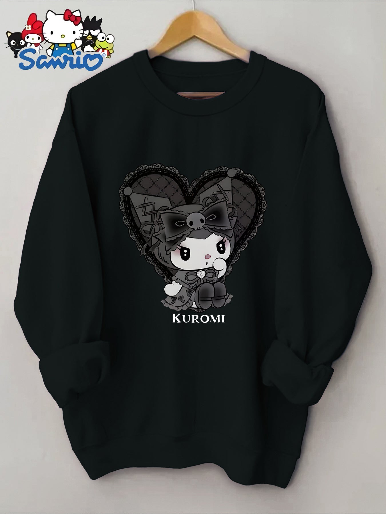 Sanrio Kuromi Graphic Women's Crewneck Sweatshirt | Cute Anime Print Pullover with Heart Lace Design