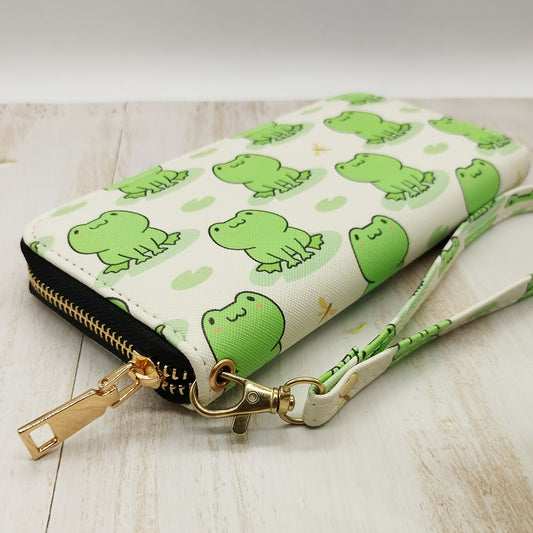 Cute Frog Pattern Wallet - Zip-Around Clutch with Wristlet Strap