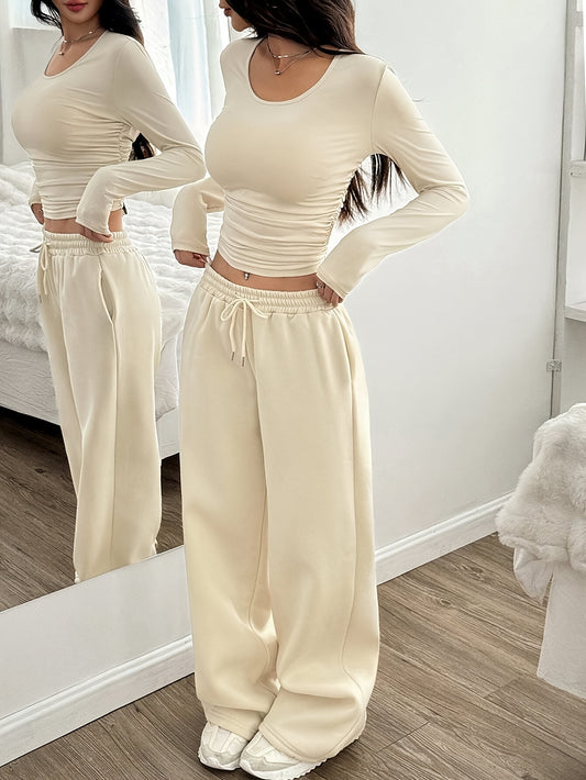 Trendy Cutecore Two-Piece Women's Casual Solid Color Short T-Shirt And Wide-Leg Drawstring Waist Pants Set