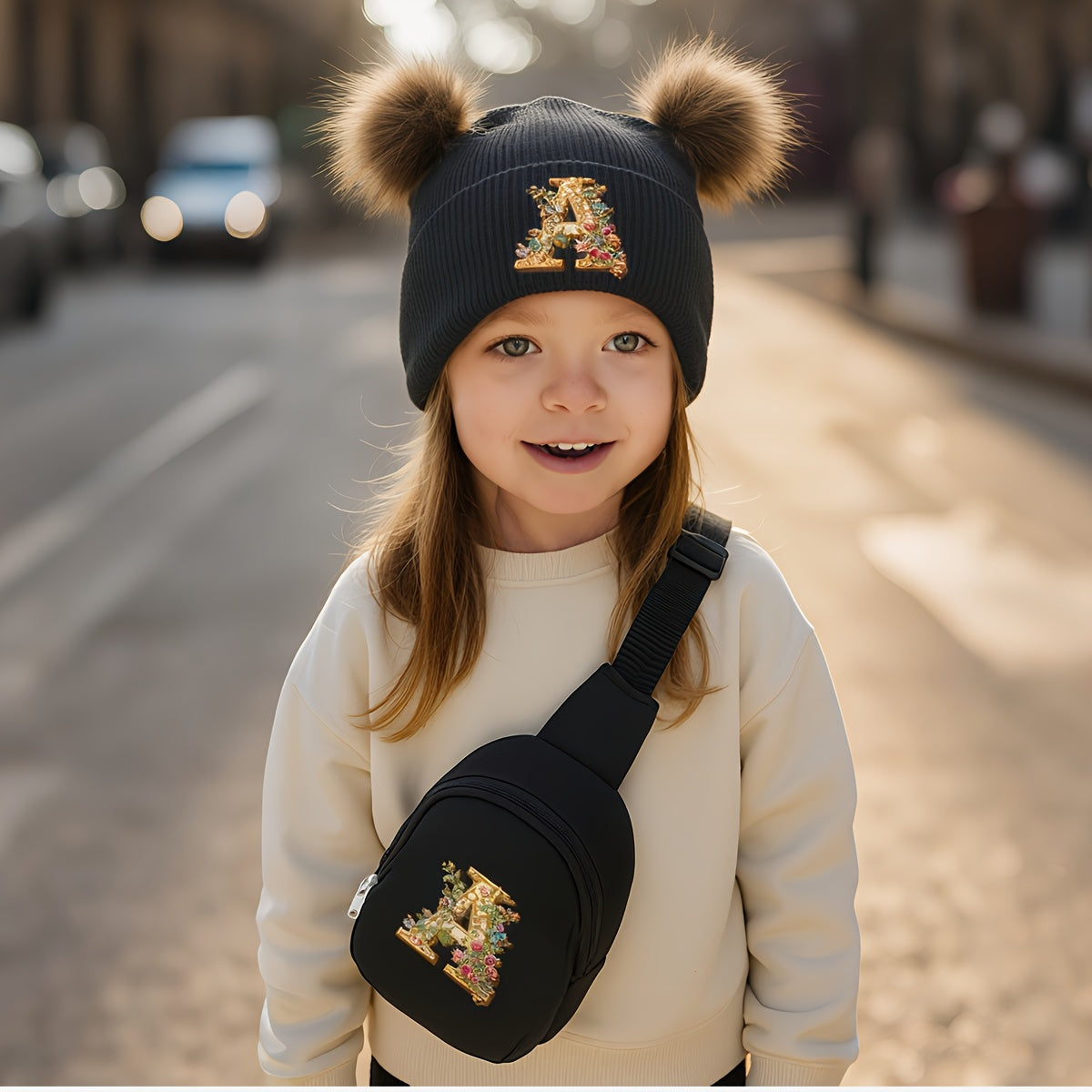 2pcs Set Girls Luxury Glitter-like Lettering Knit Hat & Chest Bag Set - 26 Alphabet Options (A-Z) - Initials, - Easy-Care Knit Design with Double Pom-Pom Hat &
