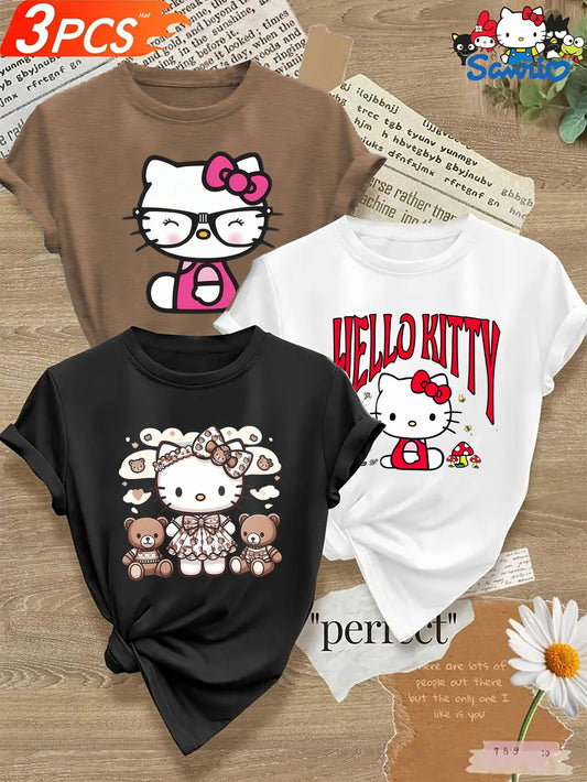 Kawaii Hello Kitty Classic 3pcs Women's Cotton T-shirt Set