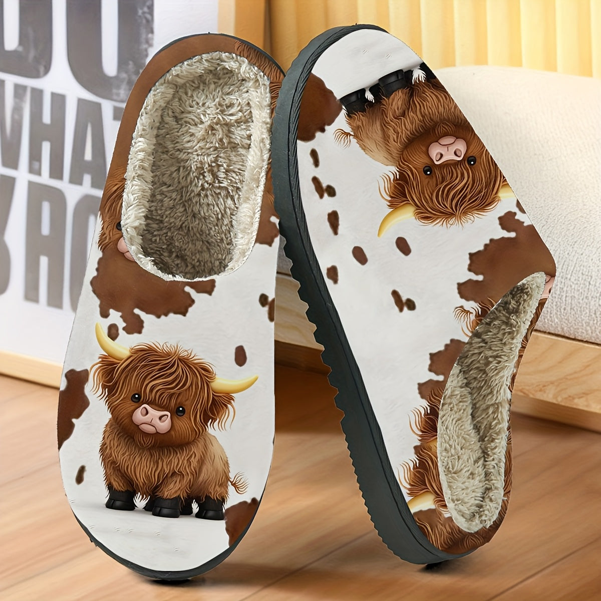 Women'S Plush Highland Cow Slippers - Cozy Fleece-Lined Slip-On House Shoes