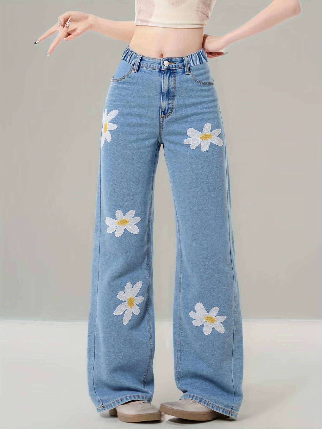 Trendy Kawaii Cute Core Daisy Embroidered Jeans For Girls - High Waist Loose Straight Leg