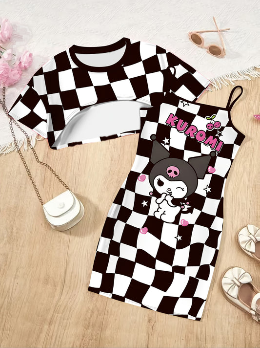 Girls' Cute Casual Sanrio Kuromi Cat Girl Two-Piece Set – Round Neck Curved Top & Suspender Hip Skirt