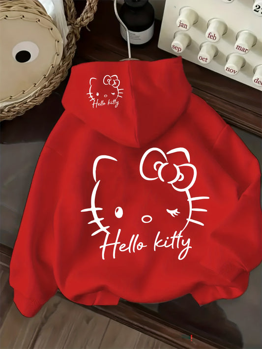 Sanrio Hello Kitty Plus Size Women's Zip Kawaii Hoodie | Cute Iconic Wink Face & Ears/Paws Design | Cozy Fall/Winter Zipper Hoodie with Pockets, Machine Washable Sweatcoat for Anime Fans