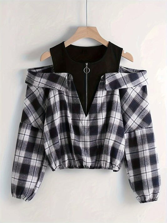 Chic Off-Shoulder Plaid Blouse