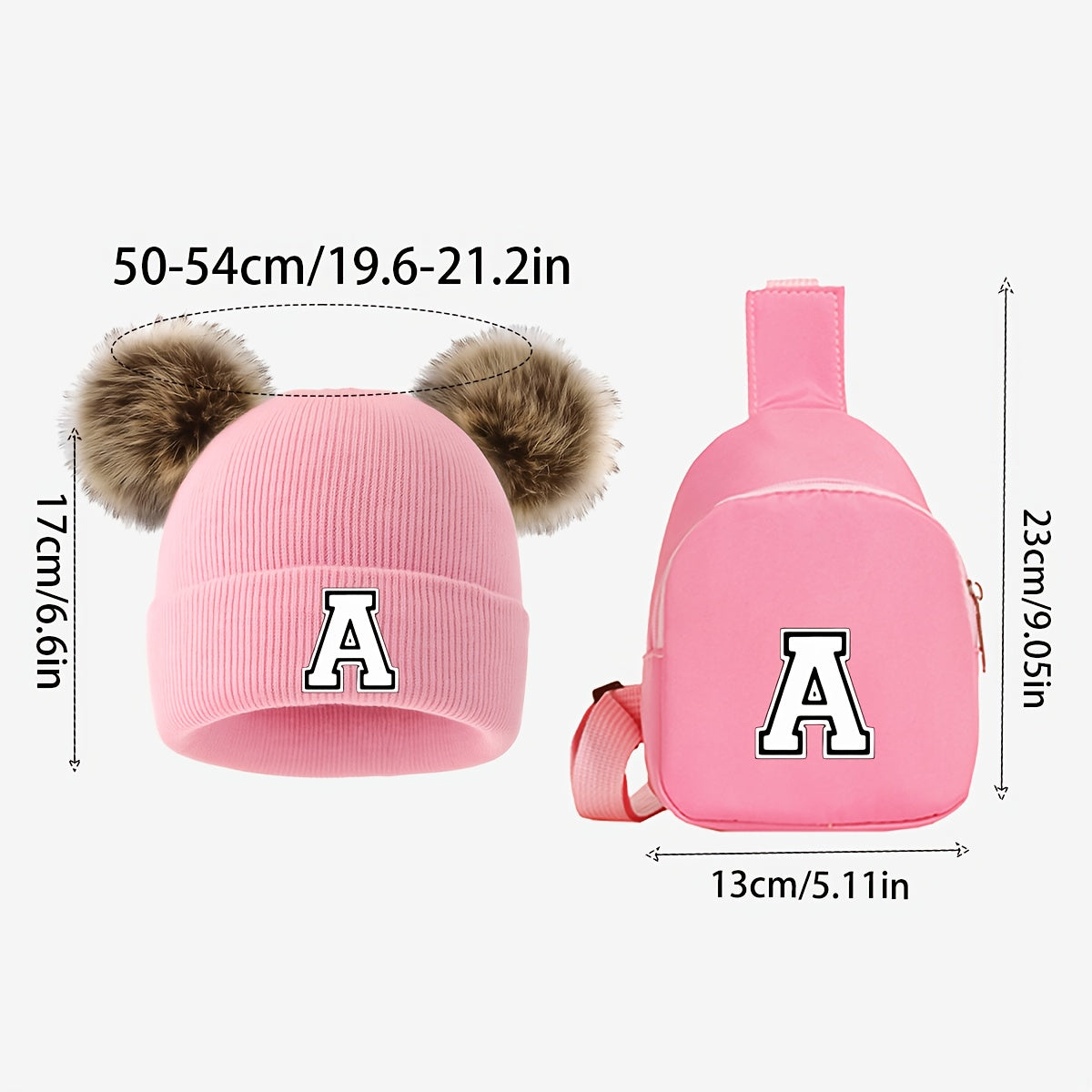 2pcs Girls' Letter & Number (A-Z) Name Set - Matching Pom-Pom Hat & Crossbody Bag