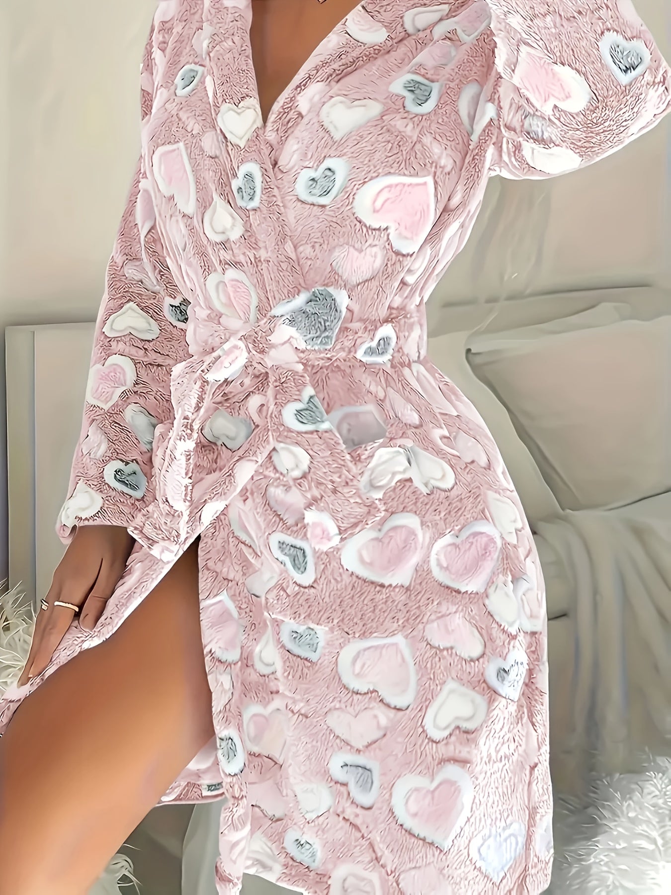 Cozy Fleece-Lined Women's Robe with Heart Pattern, Long Sleeves, and Pockets - Warm Autumn/Winter Home Loungewear, Light Grey, Cozy Robe