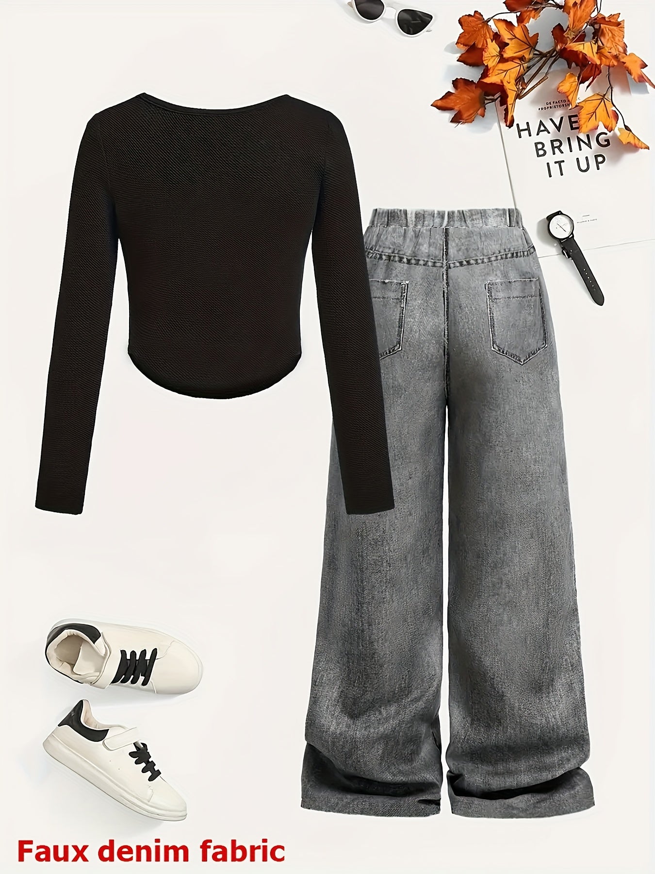 Hello Kitty Street Style Set! - Heart Bow Print Tee & Denim Straight Pants (Two-Piece)