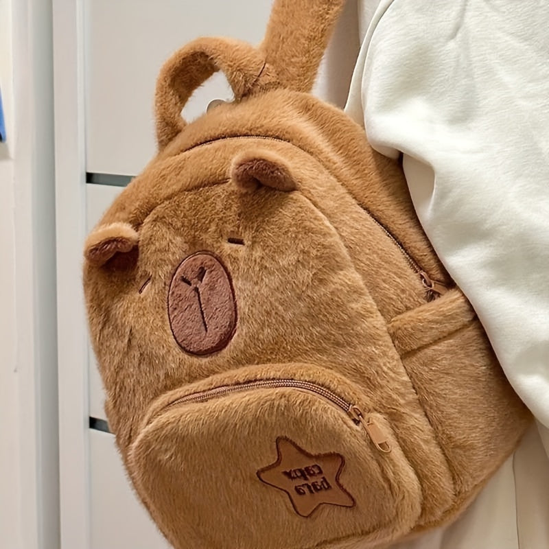 "Capybara Plush Backpack - Animal Print Faux Fur Bag