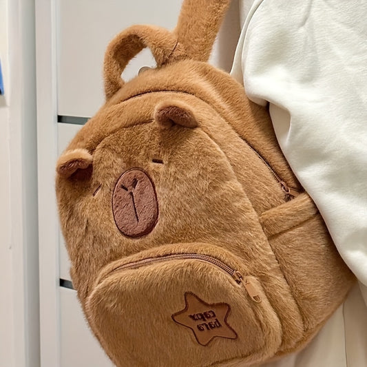 "Capybara Plush Backpack - Animal Print Faux Fur Bag