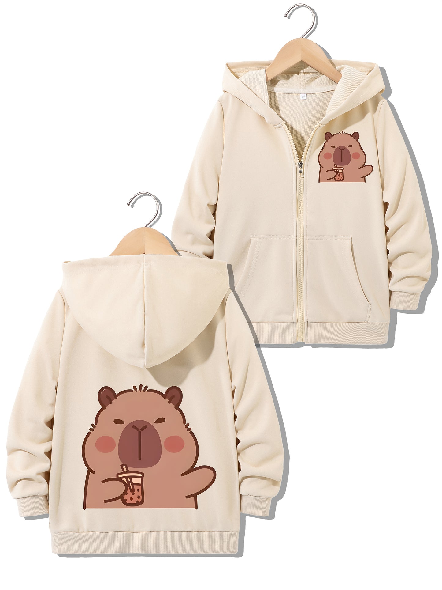 Capybara Hoodie Jacket, Trendy Milk Tea Design, Zip-Up